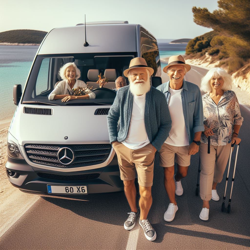 Seniorengruppe an und in einem Minibus. Im Hintergrund das Meer